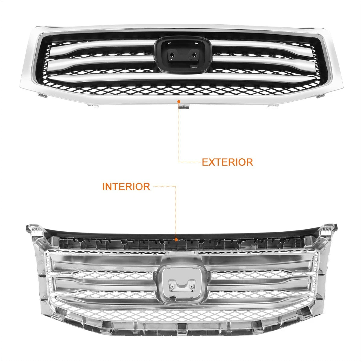 Front Upper Grille Assembly for Honda Pilot (2012–2015) w/Badge Slot, Chrome Moulding