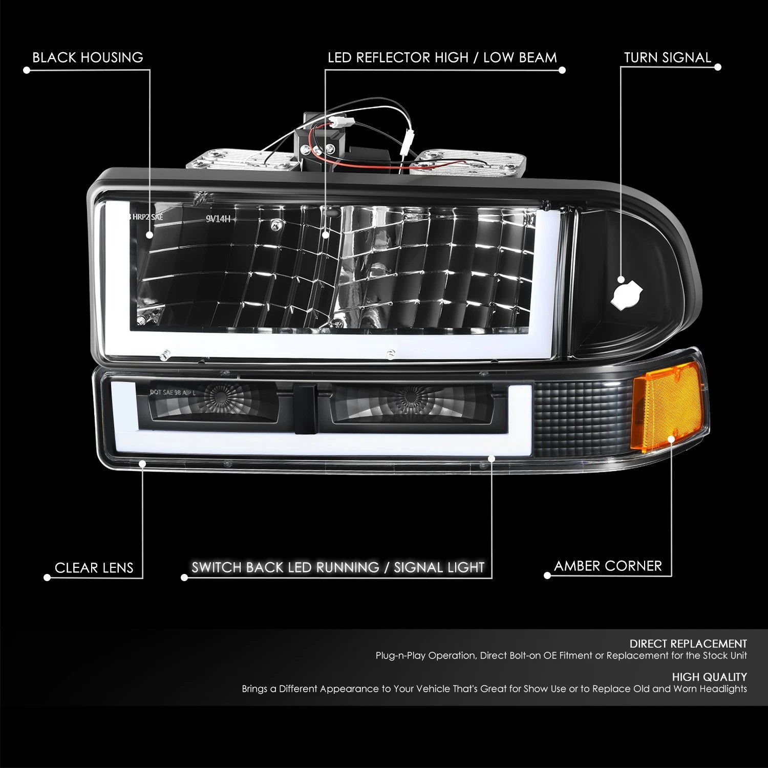 U-Shape LED DRL Switchback Headlights for Chevy Blazer/S10 (1998–2004)
