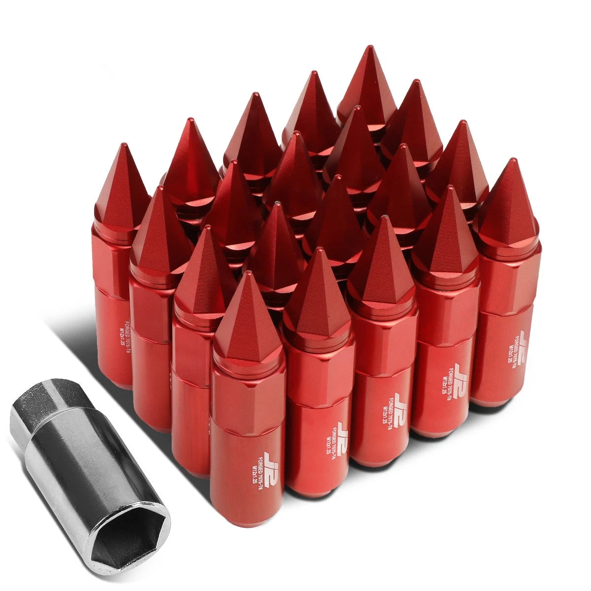 Set of 20 J2 7075 Forged Aluminum M12x1.25 Spiked End Lug Nuts w/Adapter Red