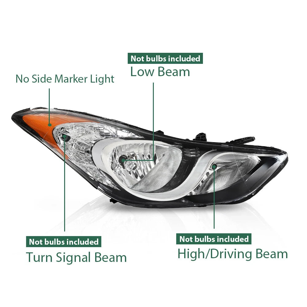 Halogen Headlight Assembly for Hyundai Elantra (2011–2013) Right Passenger