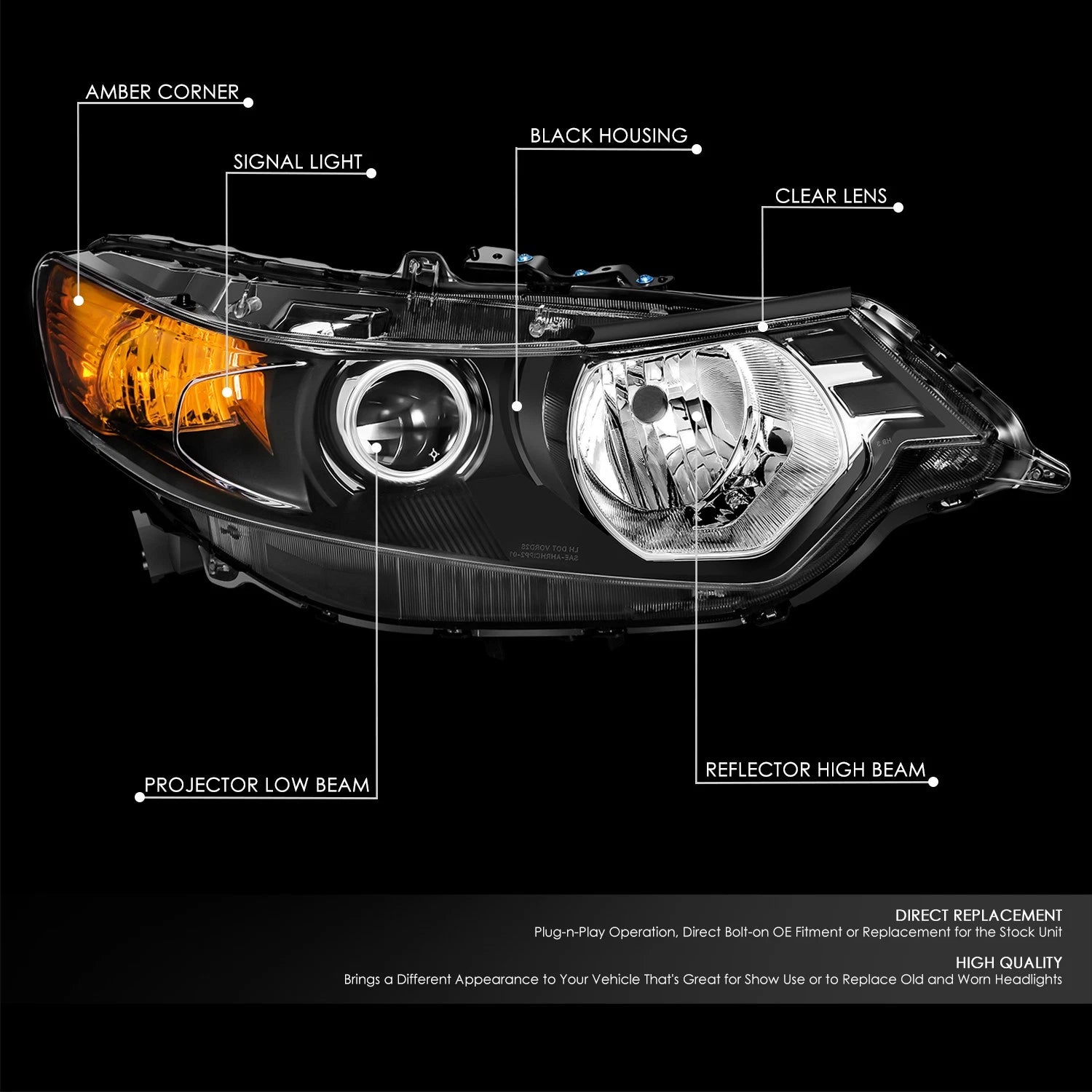 Right Passenger Side Projector HID Headlight for Acura TSX (2009–2014)
