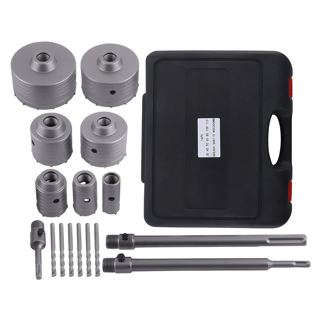 Set of 16 Concrete Drilling Hole Saws for Brick Wall SDS (30mm-110mm)