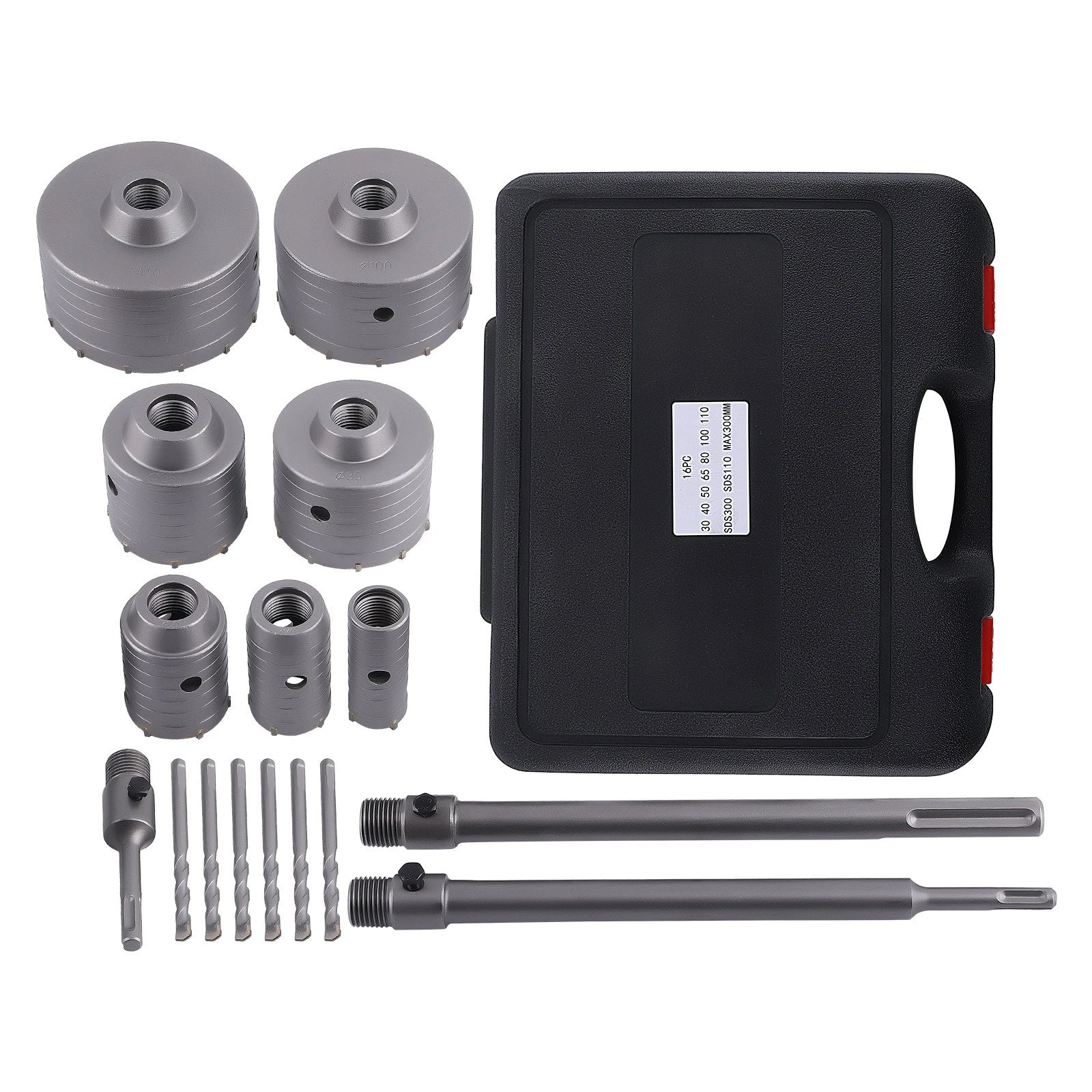 Set of 16 Concrete Drilling Hole Saws for Brick Wall SDS (30mm-110mm)