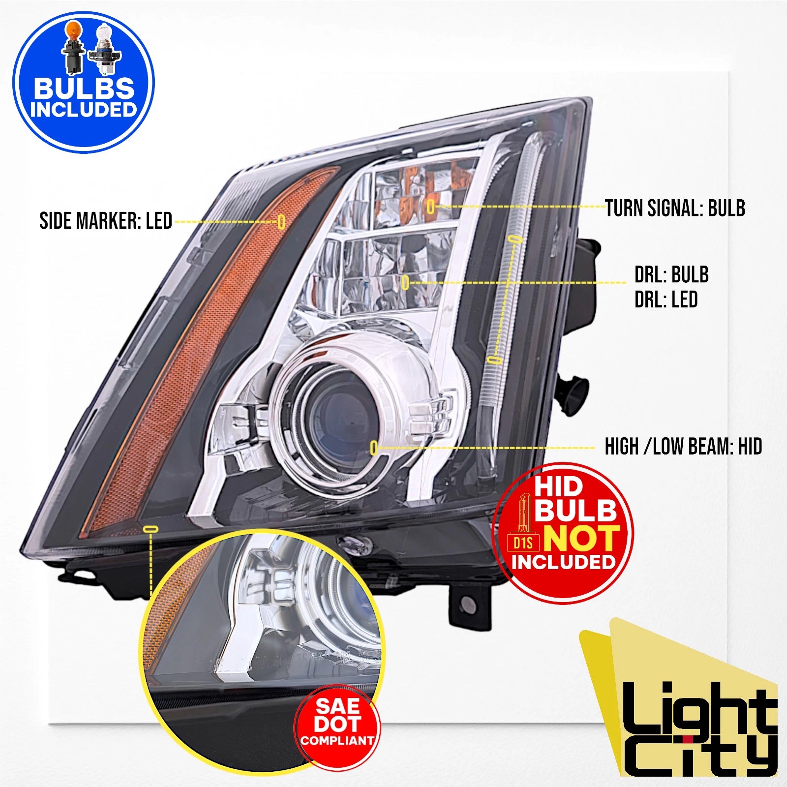 HID Headlight for Cadillac CTS-V (2009–2014) Driver Side w/ LED DRL LH