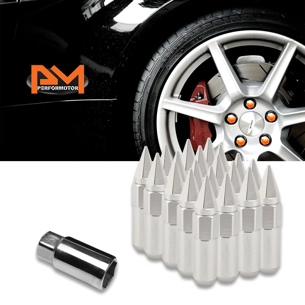 Set of 20 M12X1.5 Silver JDM Hex Spiked Cap Wheel Lug Nuts + Extension 20mmx90mm