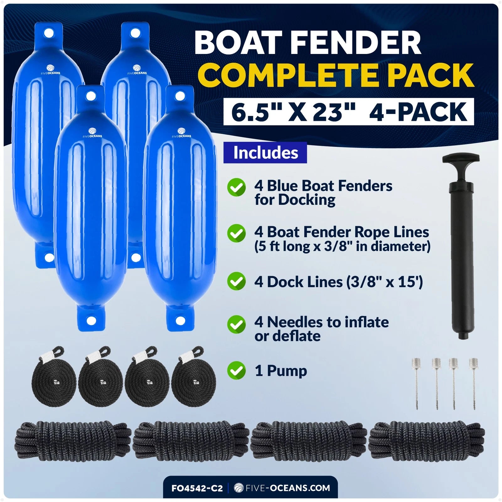 Set of 4 Boat Fenders for (6.5" x 23", Blue)