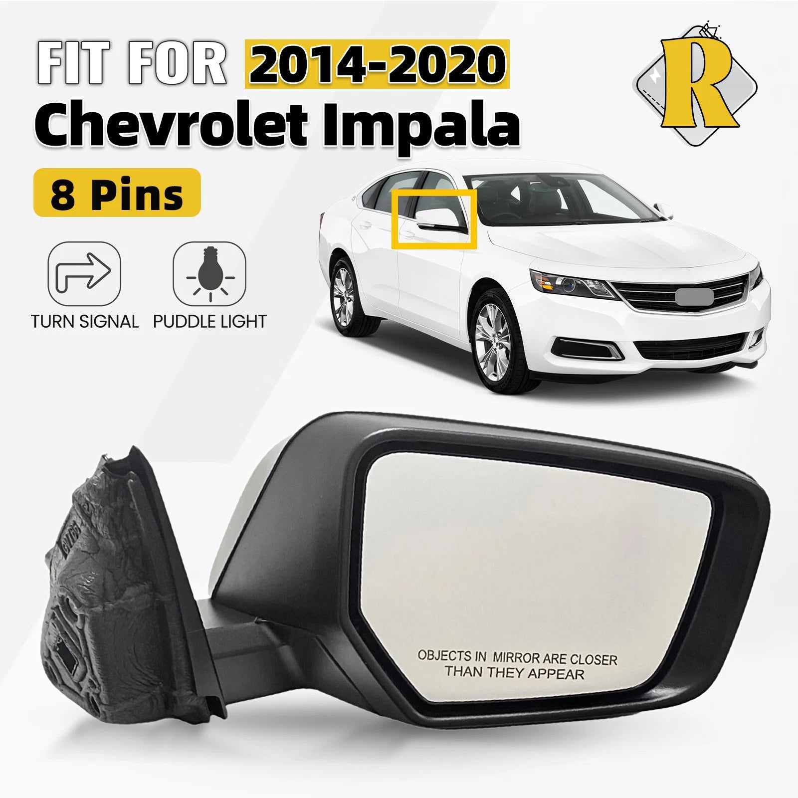 Right Side View Mirror w/Signal w/Puddle 8 Pins for Chevrolet Impala (2014–2020)