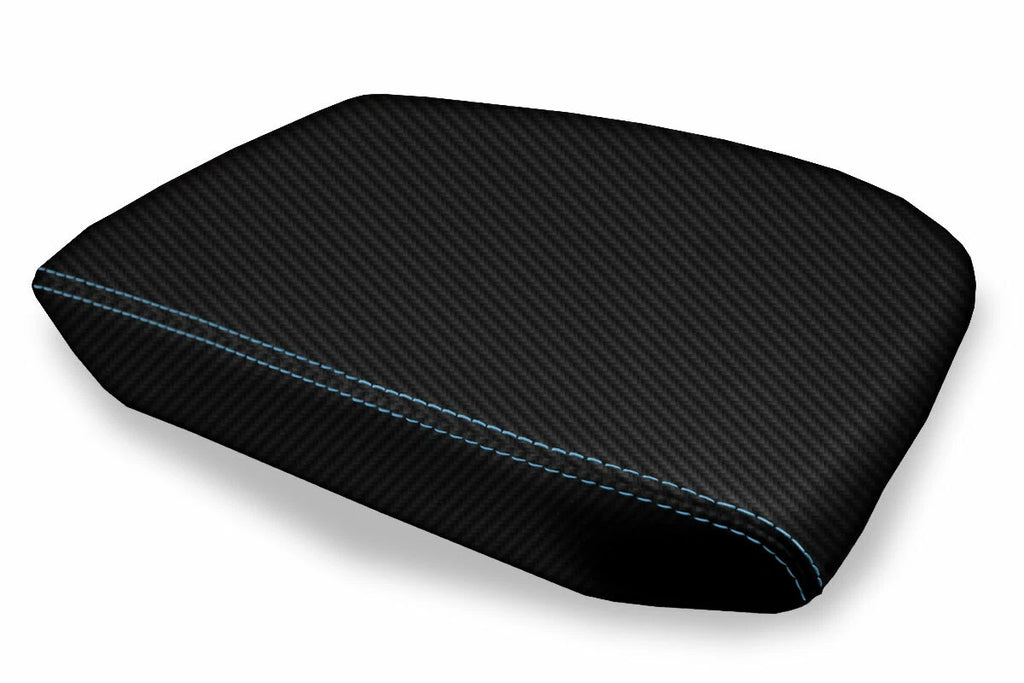 Console Lid Armrest Cover for Volkswagen Atlas (2018–2021) Carbon Fiber Blue Stitch
