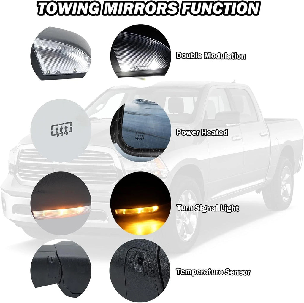 Power Heated Foldable Side Mirrors for Dodge Ram 1500 (2009–2012) + LED Signal + Puddle