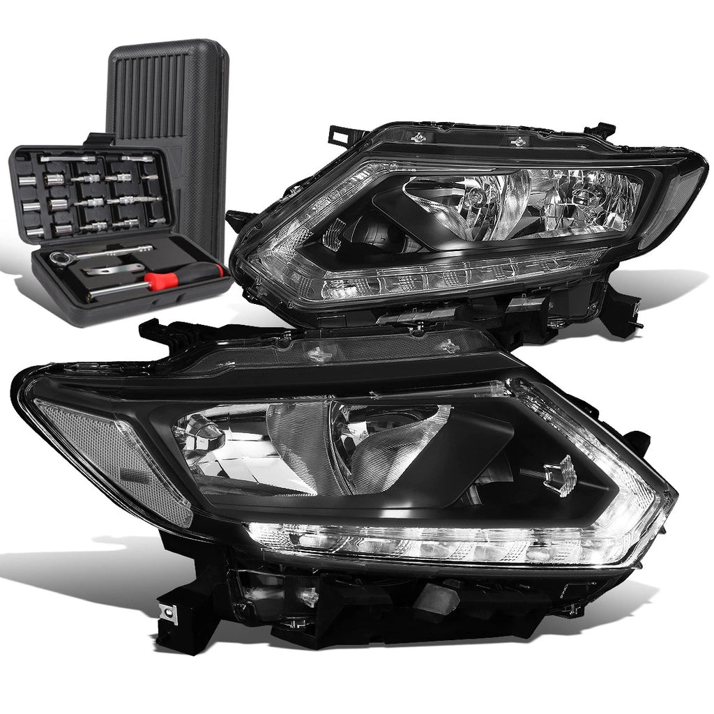 LED DRL Pair for Nissan Rogue (2014–2016) Black/Clear Headlights + Tool Box