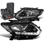 LED DRL Pair for Nissan Rogue (2014–2016) Black/Clear Headlights + Tool Box