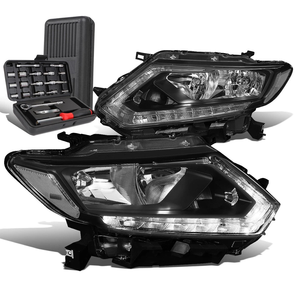 LED DRL Pair for Nissan Rogue (2014–2016) Black/Clear Headlights + Tool Box