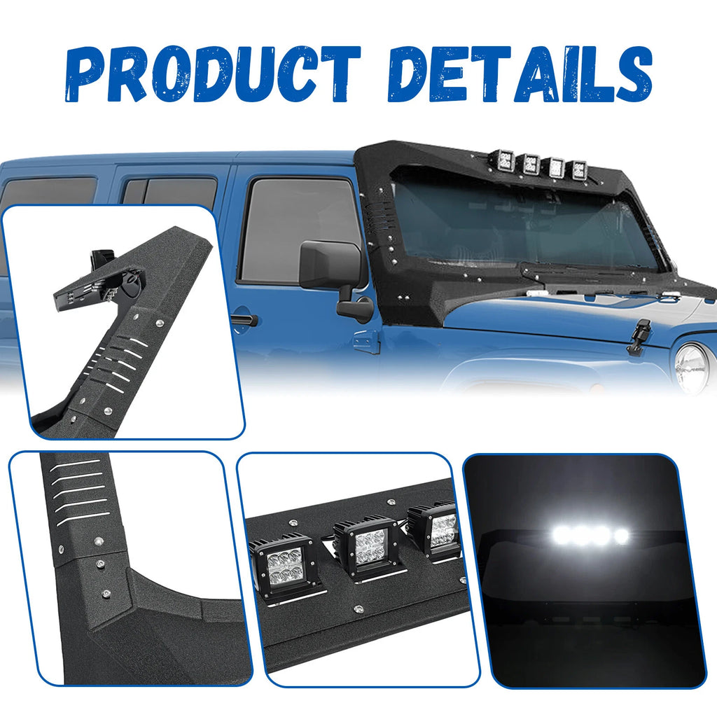 Armor Windshield Frame Cover Visor Cowl w/ LED Lights for Jeep Wrangler JK (2007–2018)