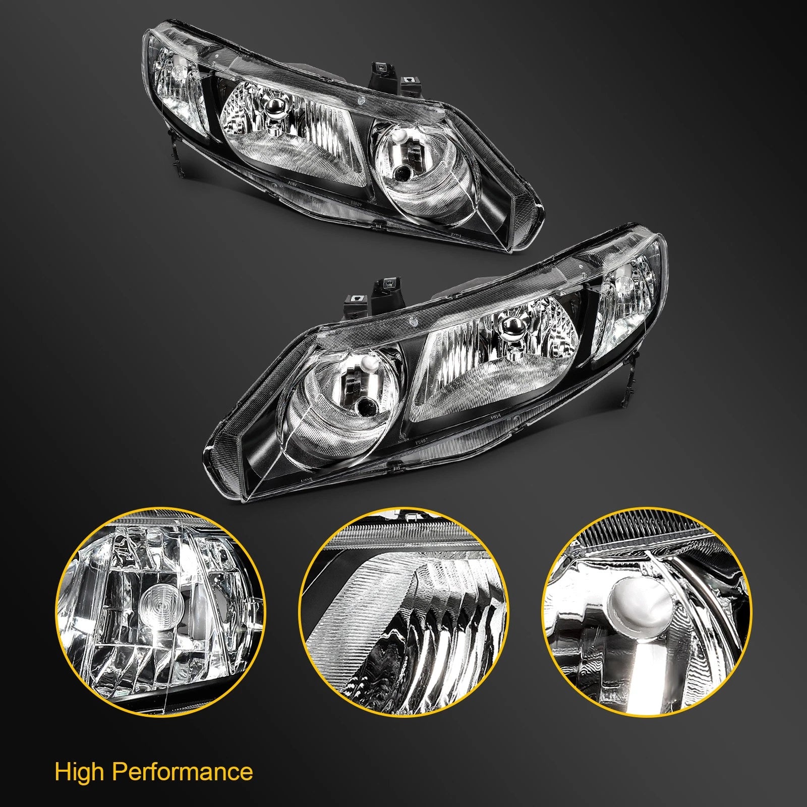 Pair Headlight Assembly for Honda Civic Sedan (2006–2011) Black Housing