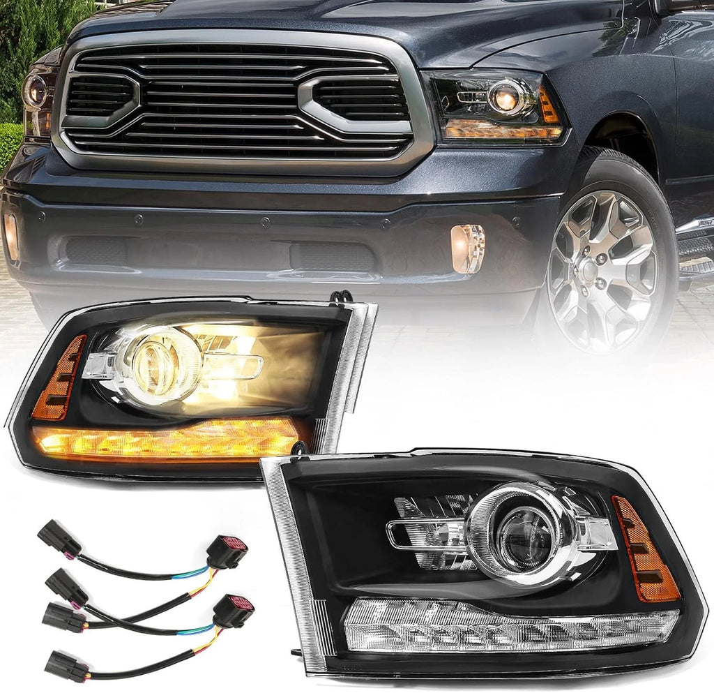 Black Projector Headlights with LED DRL for Dodge Ram 1500 2500 3500 (2009–2018)