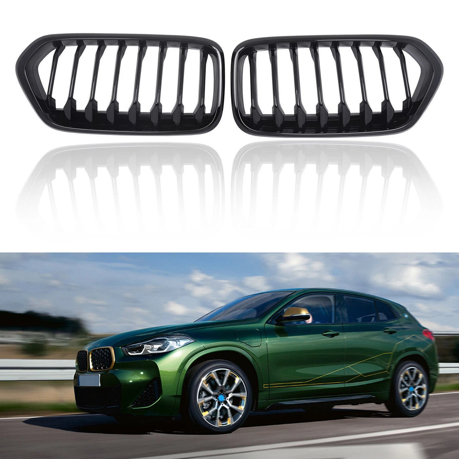 Front Bumper Grille for BMW X2 Series (2018–2023) Gloss Black