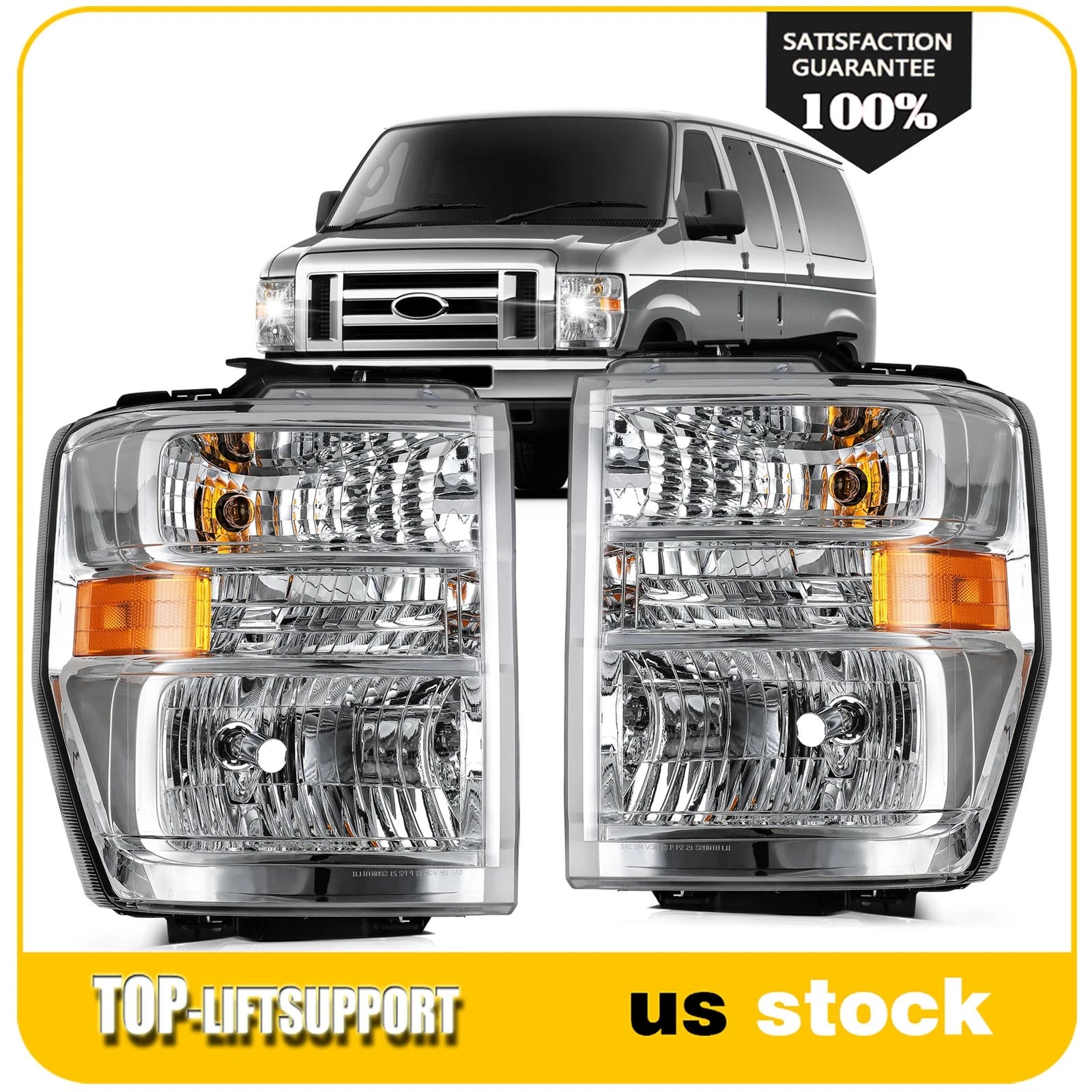 2X Headlight Assembly for Ford E150 E250 E350 E450 Econoline Van