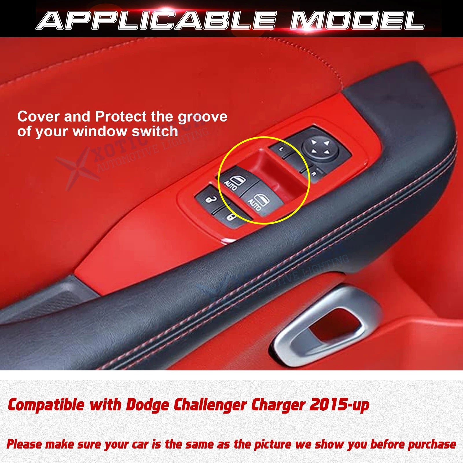 Glossy Red Door Window Lift Button Panel Trim Cover for Dodge Challenger (2015-2025)
