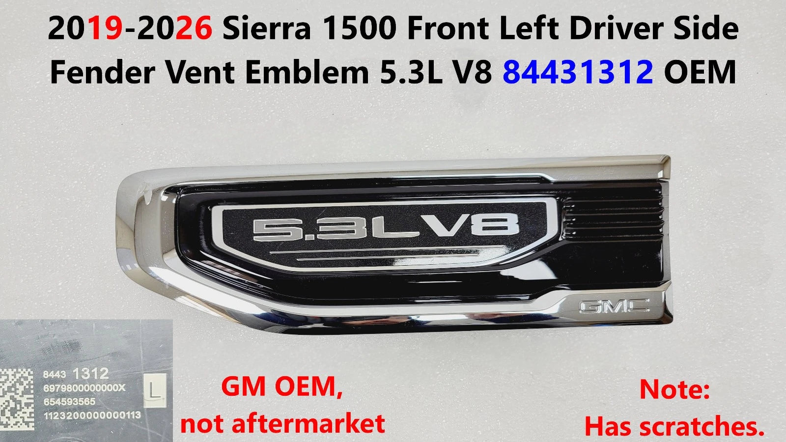 Fender Vent Emblem for Sierra 1500 (2019–2026) 5.3L V8 84431312
