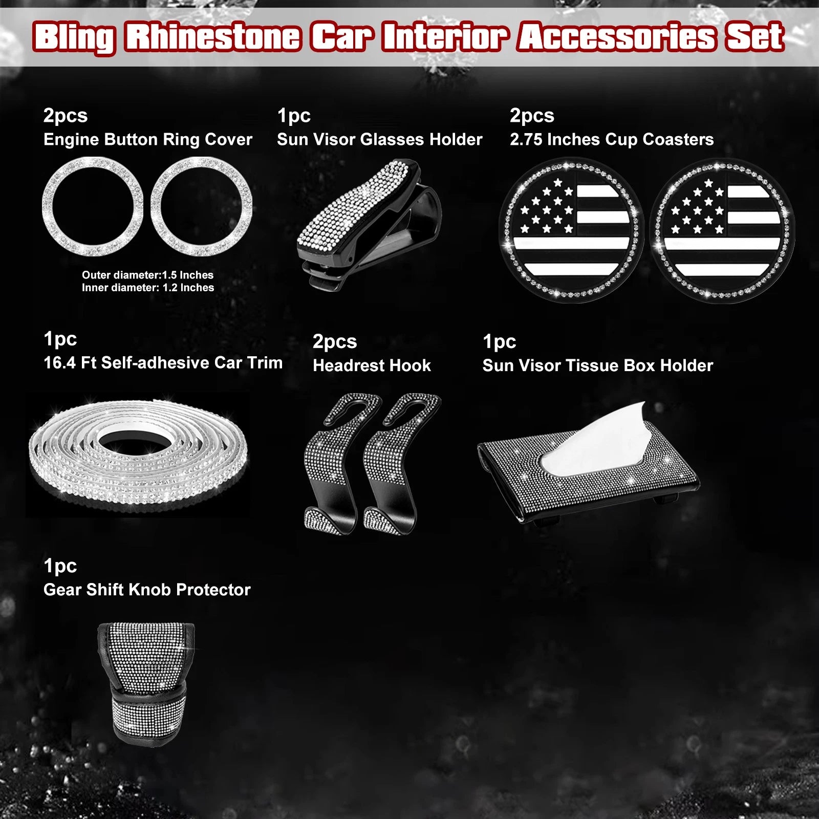 Bling USA Flag Cup Coaster Self-Adhesive Trim for Interior Decor Kit (---)