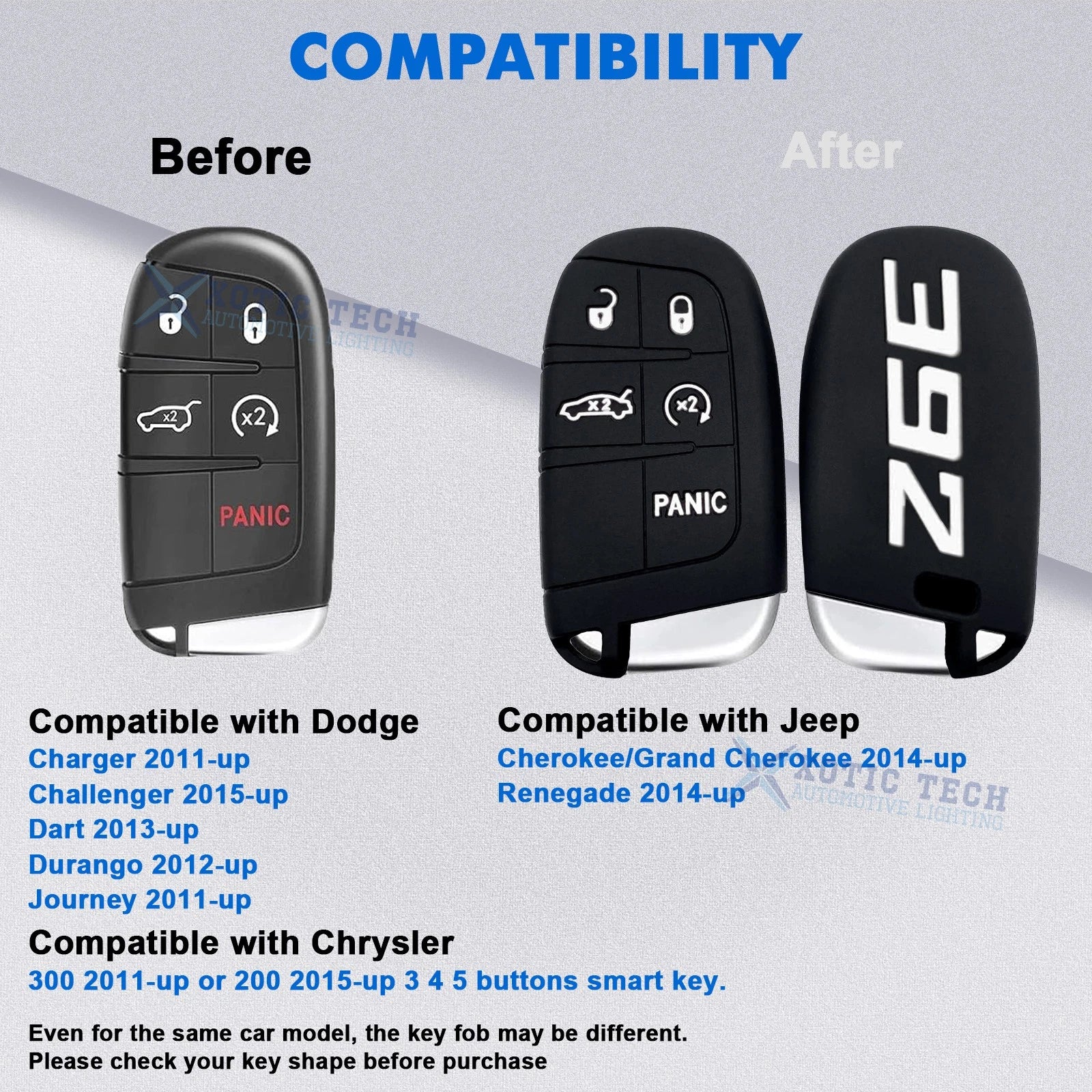 White 392 Silicone Remote Key Chain Shell Cover for Jeep, Chrysler, Dodge (2014-2025)