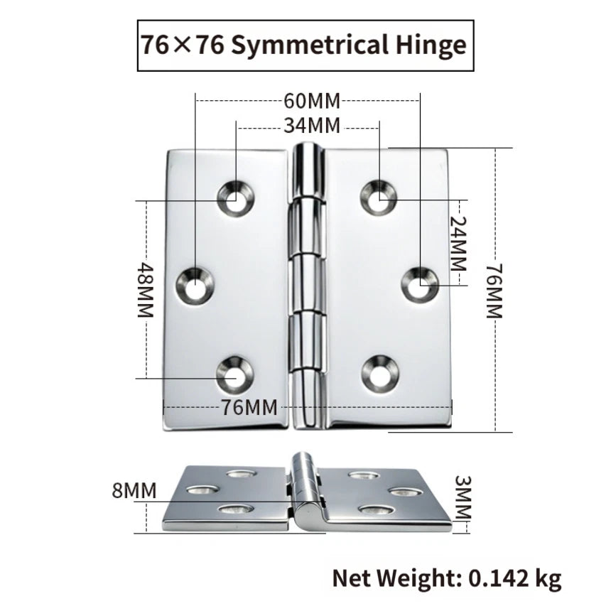 Symmetric Hinge 76x76mm for Yacht (316 Stainless Steel)