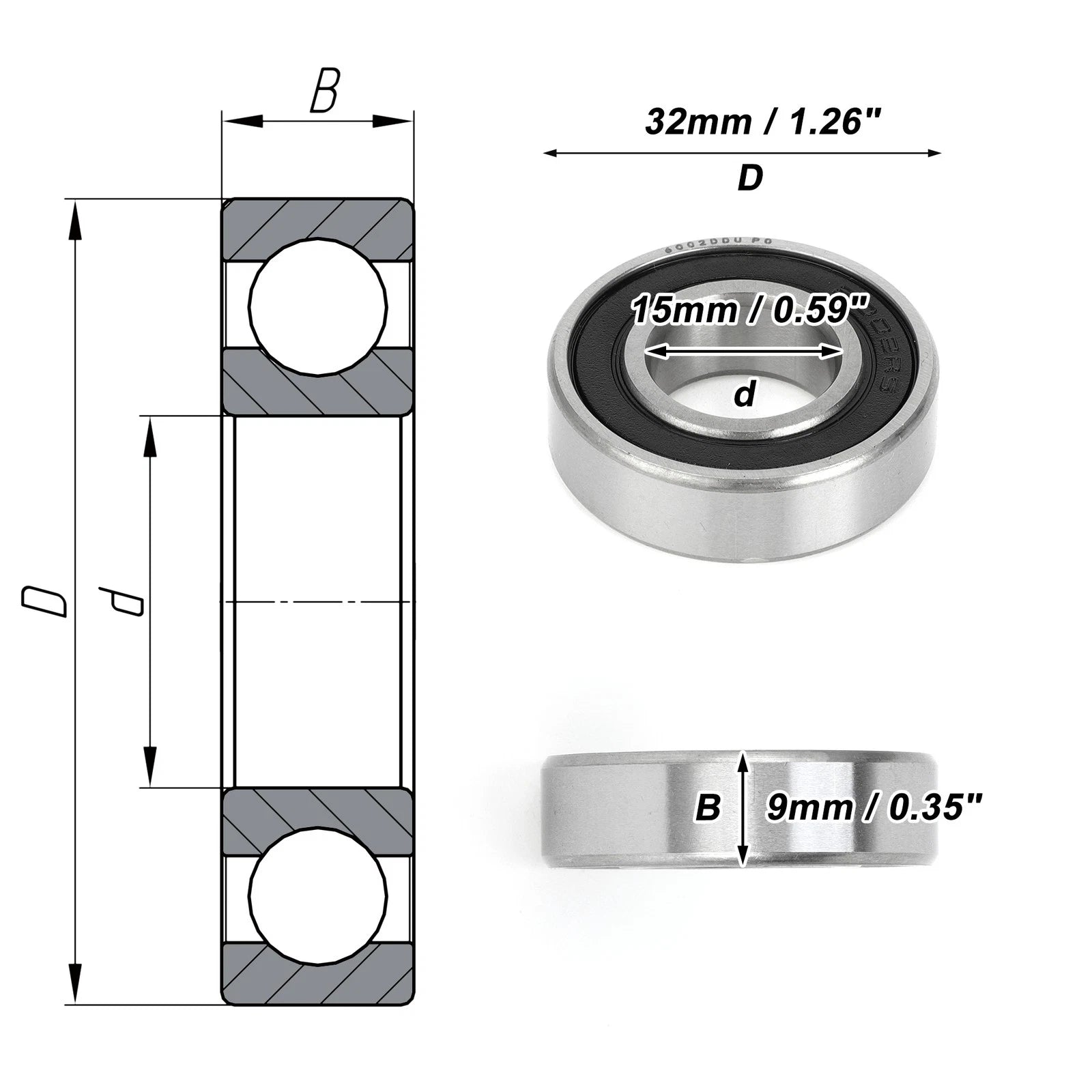 1 Pc 6002DDU Deep Groove Ball Bearing for Scooter Skateboard (15x32x9mm)