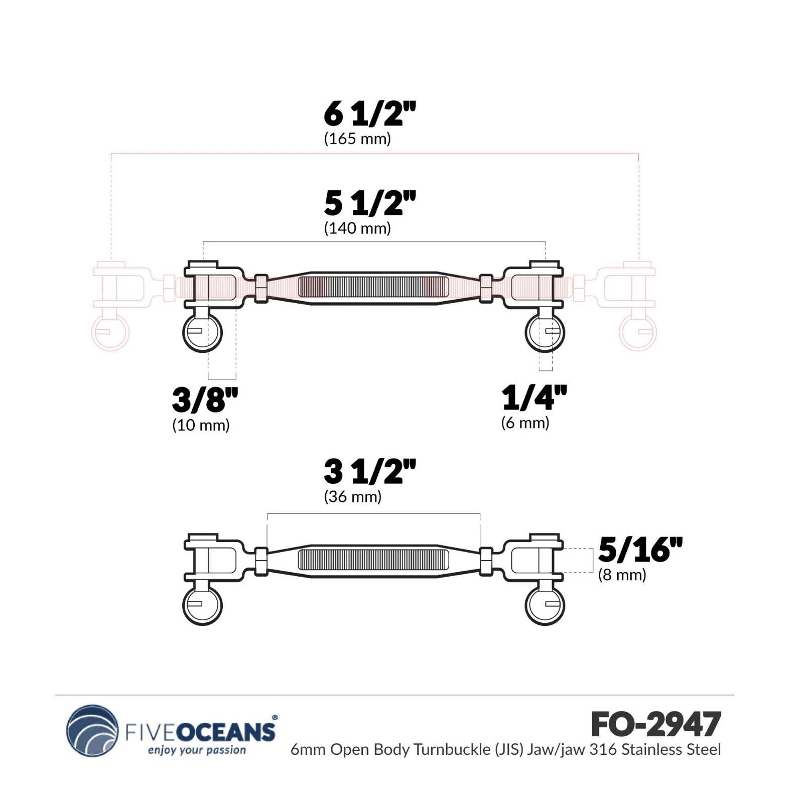 1/4" Jaw & Jaw Turnbuckle for Open Body (316 Stainless Steel)