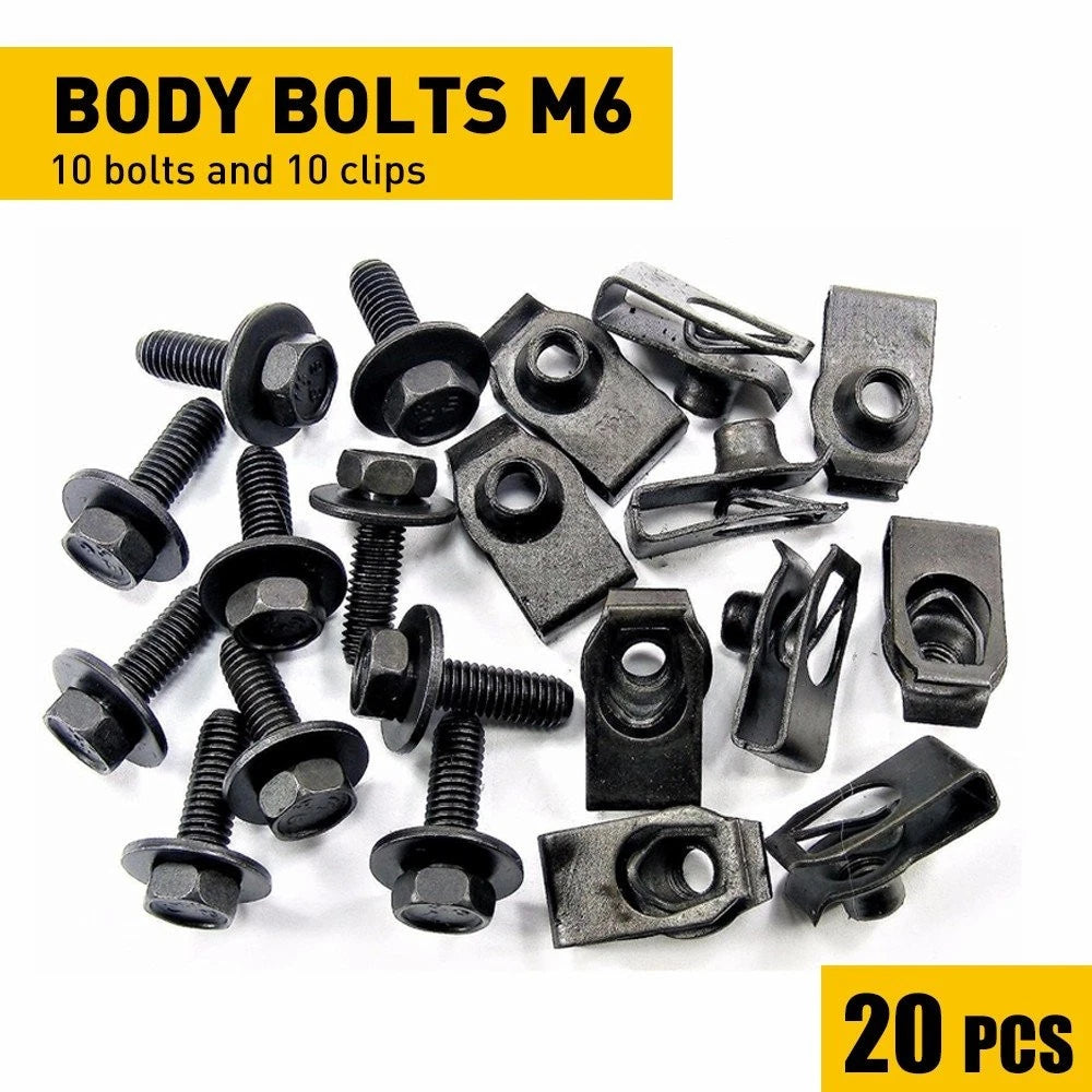 Set of 20 M6-1.0x20mm Bolts & U-nut Clips for Toyota Body