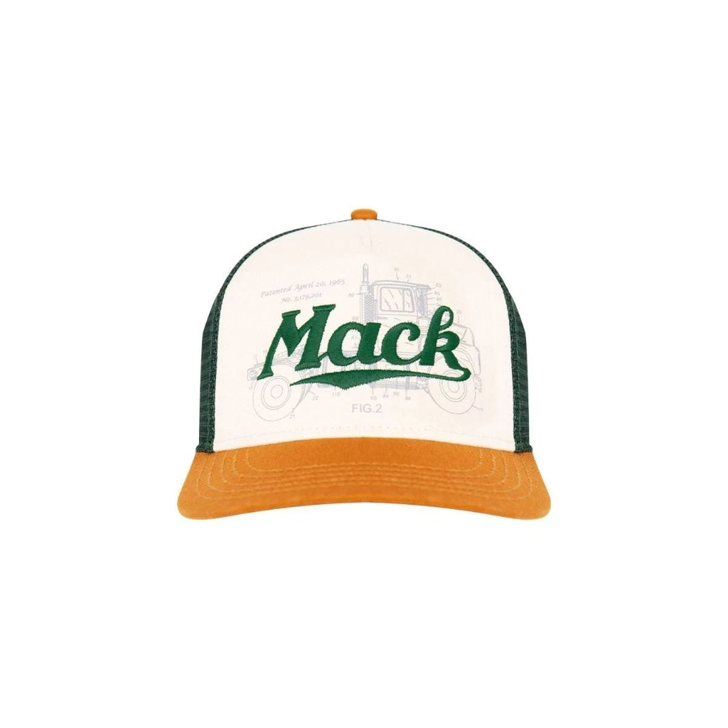 Mack Trucker Hat Mesh Back Cap Beige Front Green Mesh Brown Brim Vintage