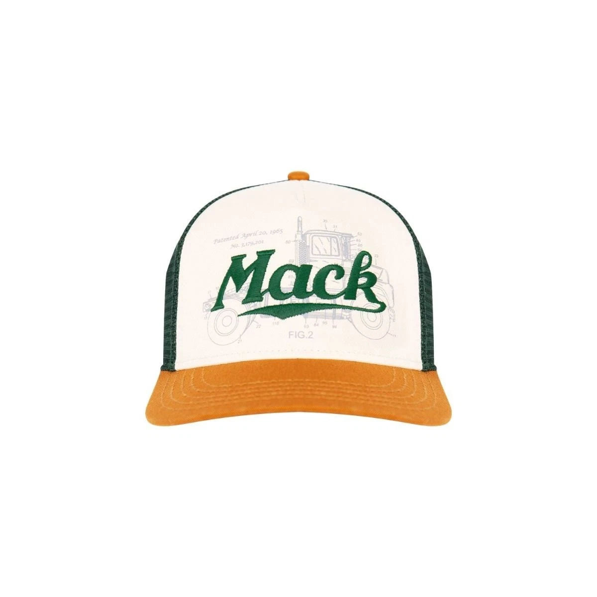 Mack Trucker Hat Mesh Back Cap Beige Front Green Mesh Brown Brim Vintage