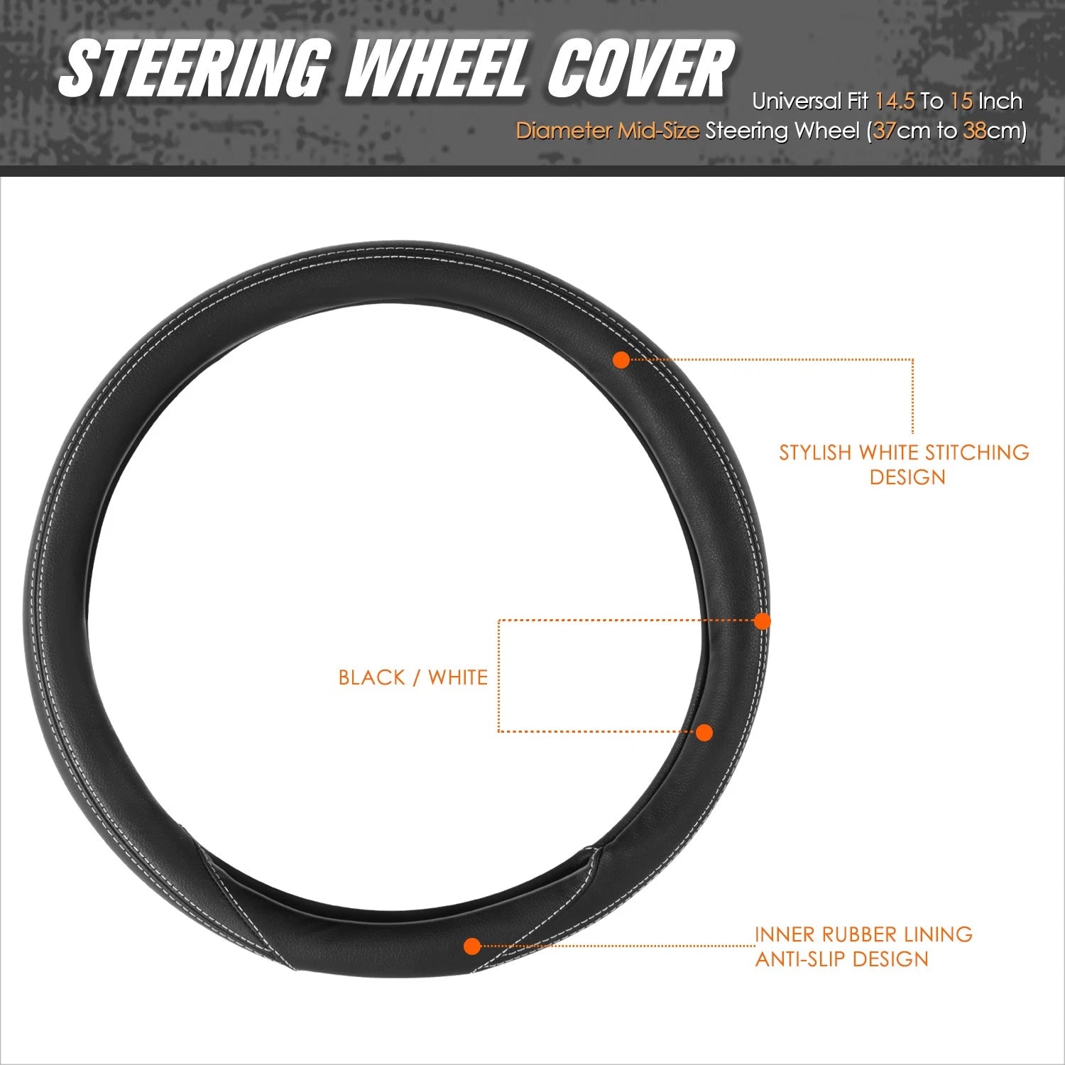 Steering Wheel Cover for Universal Fit (14.5-15" Diameter) Synthetic Leather White Double Stitch
