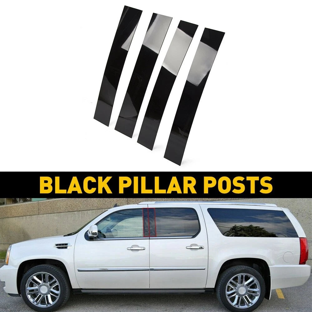 4X Black Pillar Posts for Cadillac Escalade (2007–2014) Window Trim Cover Kit