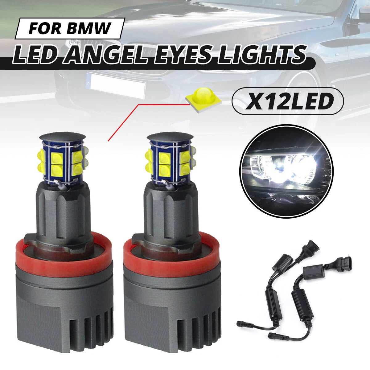 240W H8 LED Angel Eyes Halo Ring Bulbs for BMW E60 E61 E63 E90 E91 (2001–2010)