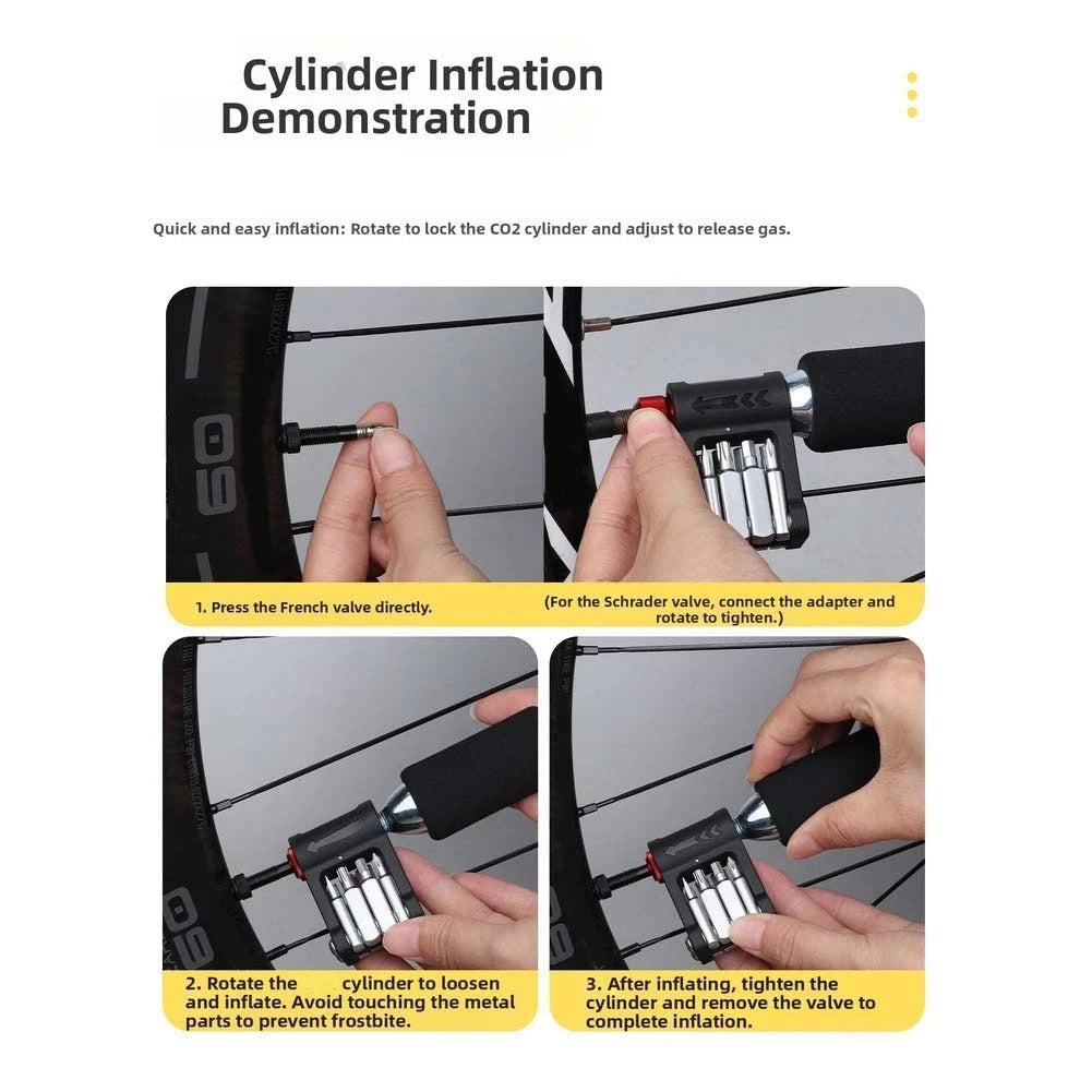 9-in-1 Bike Repair Multi Tool with Inflation Nozzle for Quick Tire Repairs