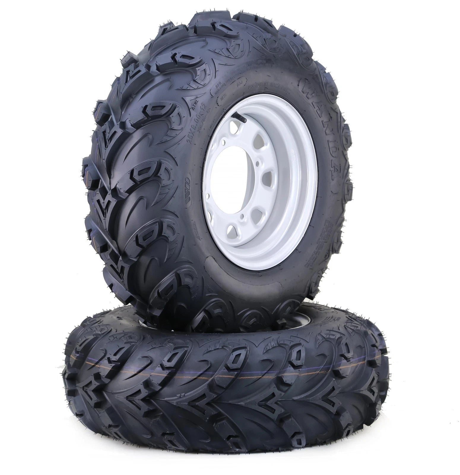 Set of 2 WANDA ATV Tires 25x8-12 8-Ply Mud Sling on 4-156 Silver Wheel