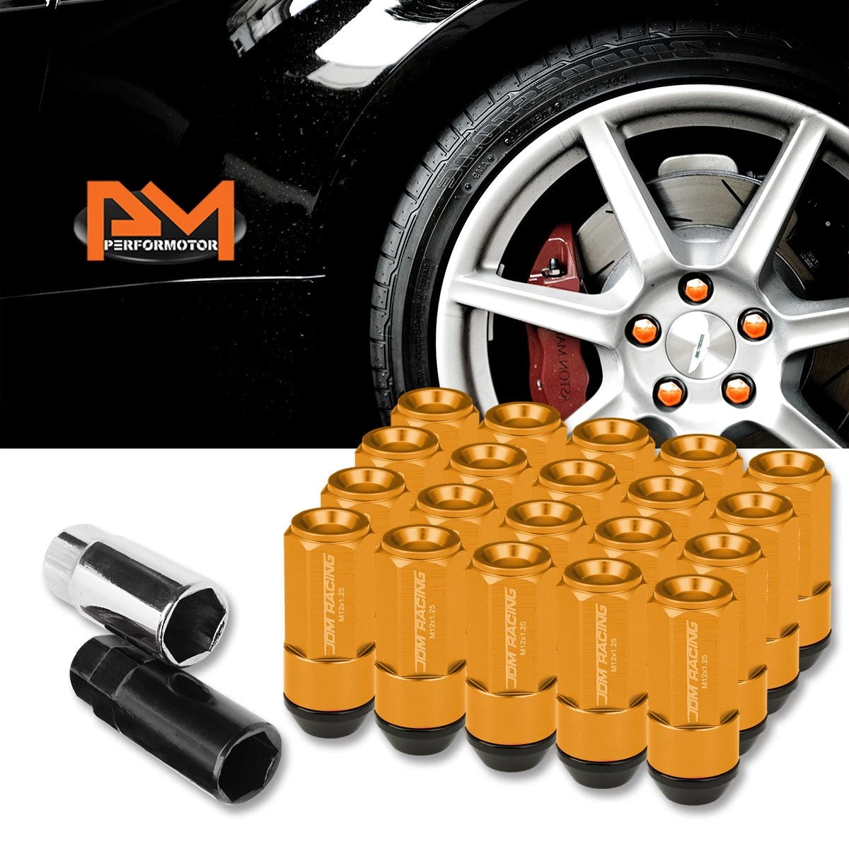 20Pc M12X1.25 Orange JDM Cone Seat Hex Wheel Lug Nut with Cap & Extension