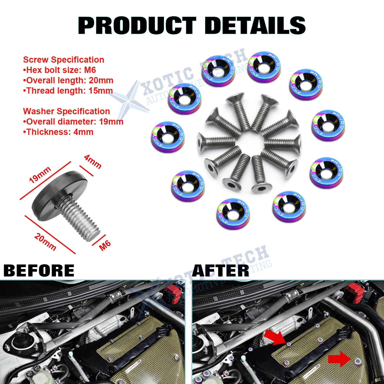 10Pcs M6 Billet Aluminum Fender Bumper Washer Bolts for Engine Bay (-)