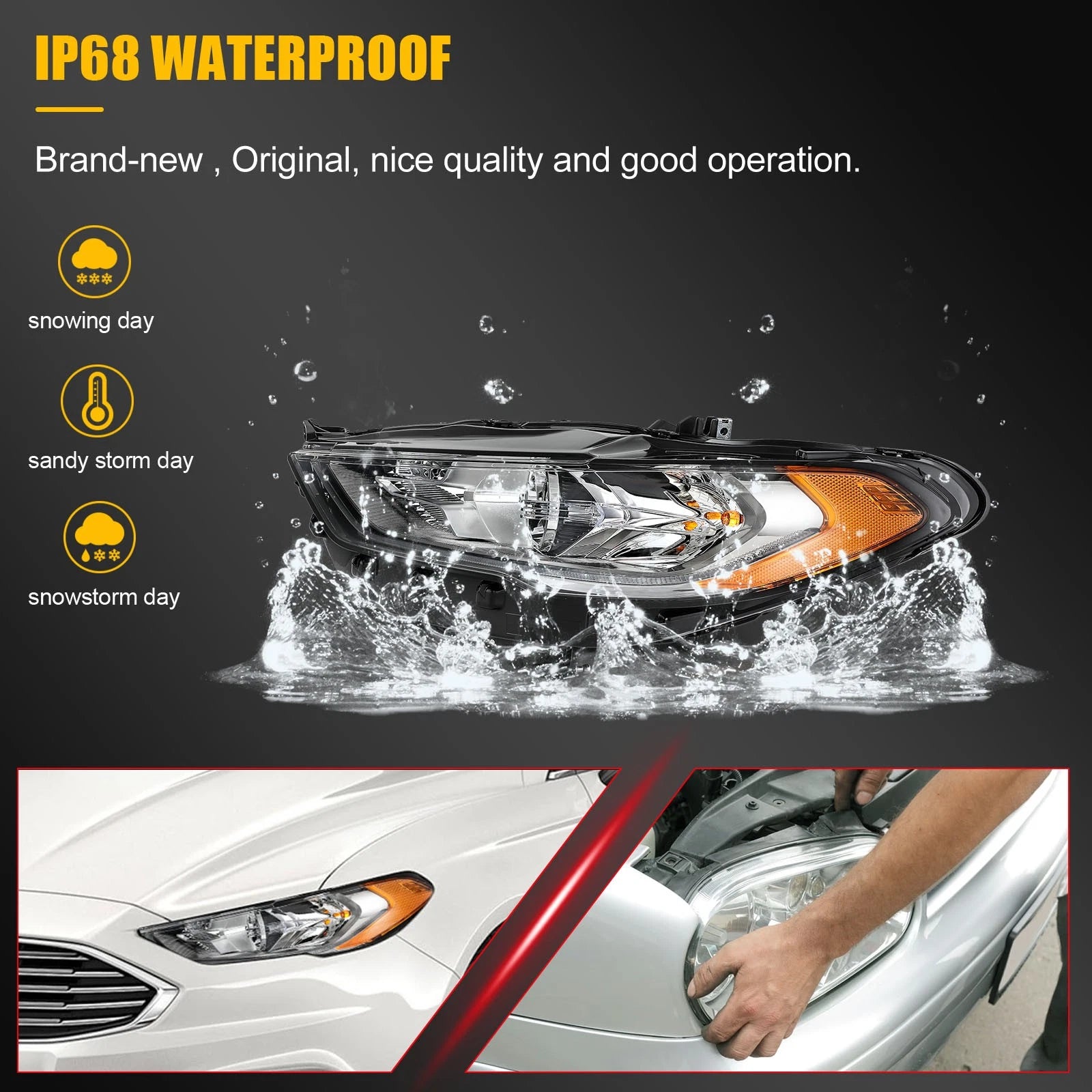 Left Side Headlight for Ford Fusion (2017–2020) Black Housing Projector
