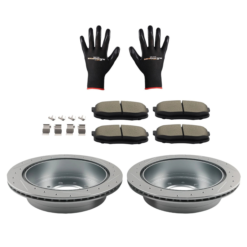Rear Drilled Brake Rotors + Ceramic Brake Pads Set for Toyota Land Cruiser/Sequoia (2008–2021)