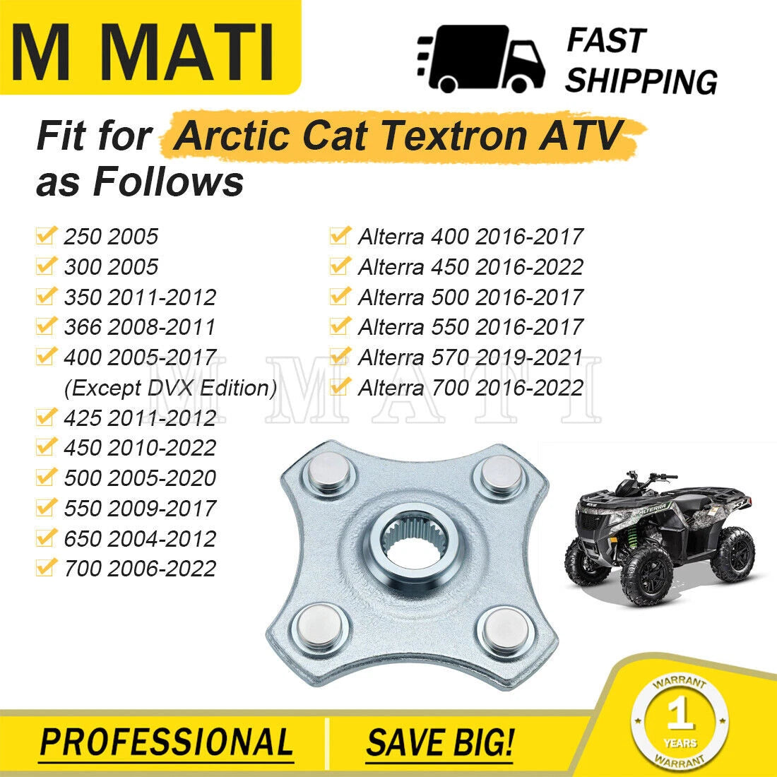 Rear Wheel Hub for Arctic Cat Alterra 400 425 450 500 550 570 650 700 (2014–2023)