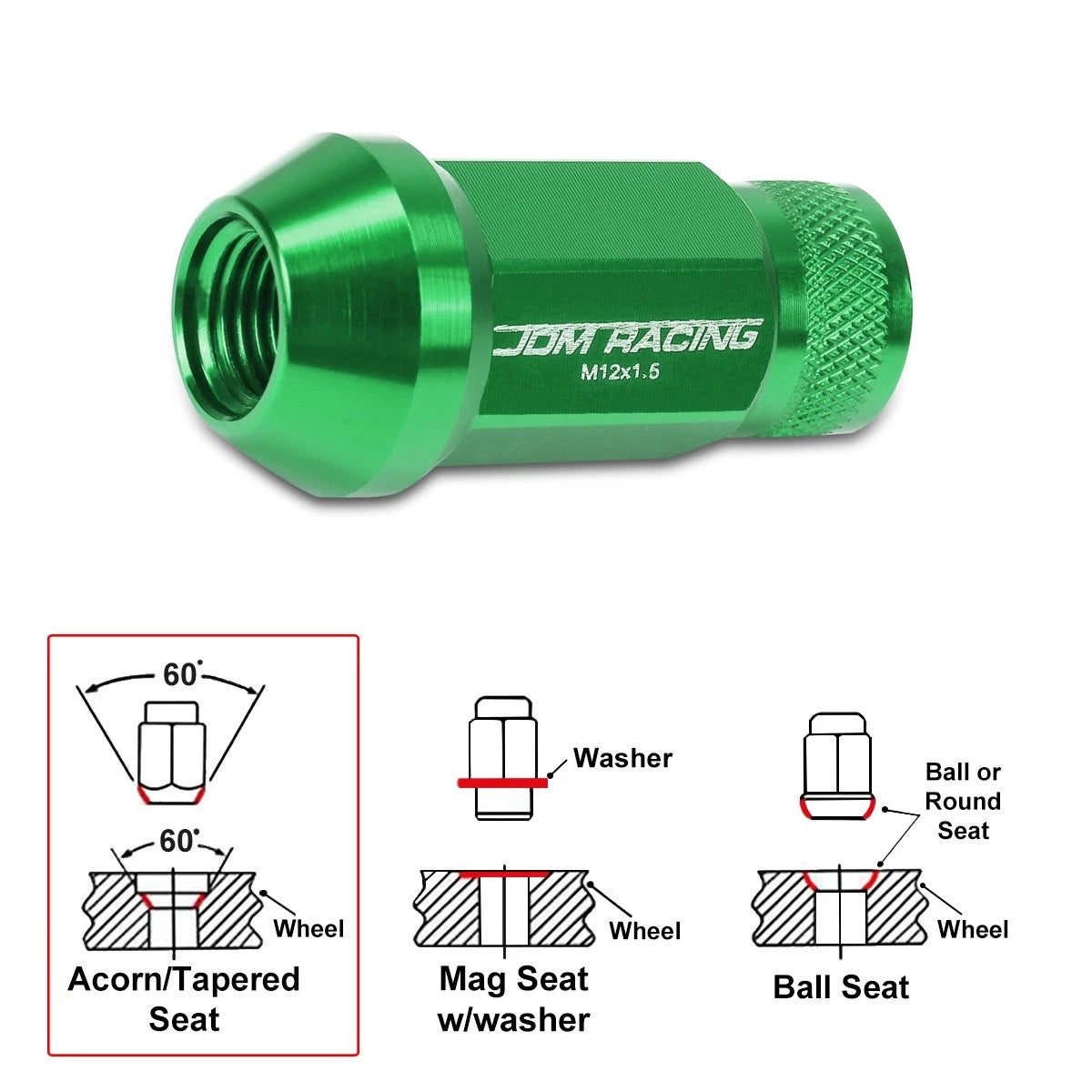 20Pc M12X1.5 Green JDM Open End Cone Seat Wheel Lug Nuts + Extension 25mmx50mm