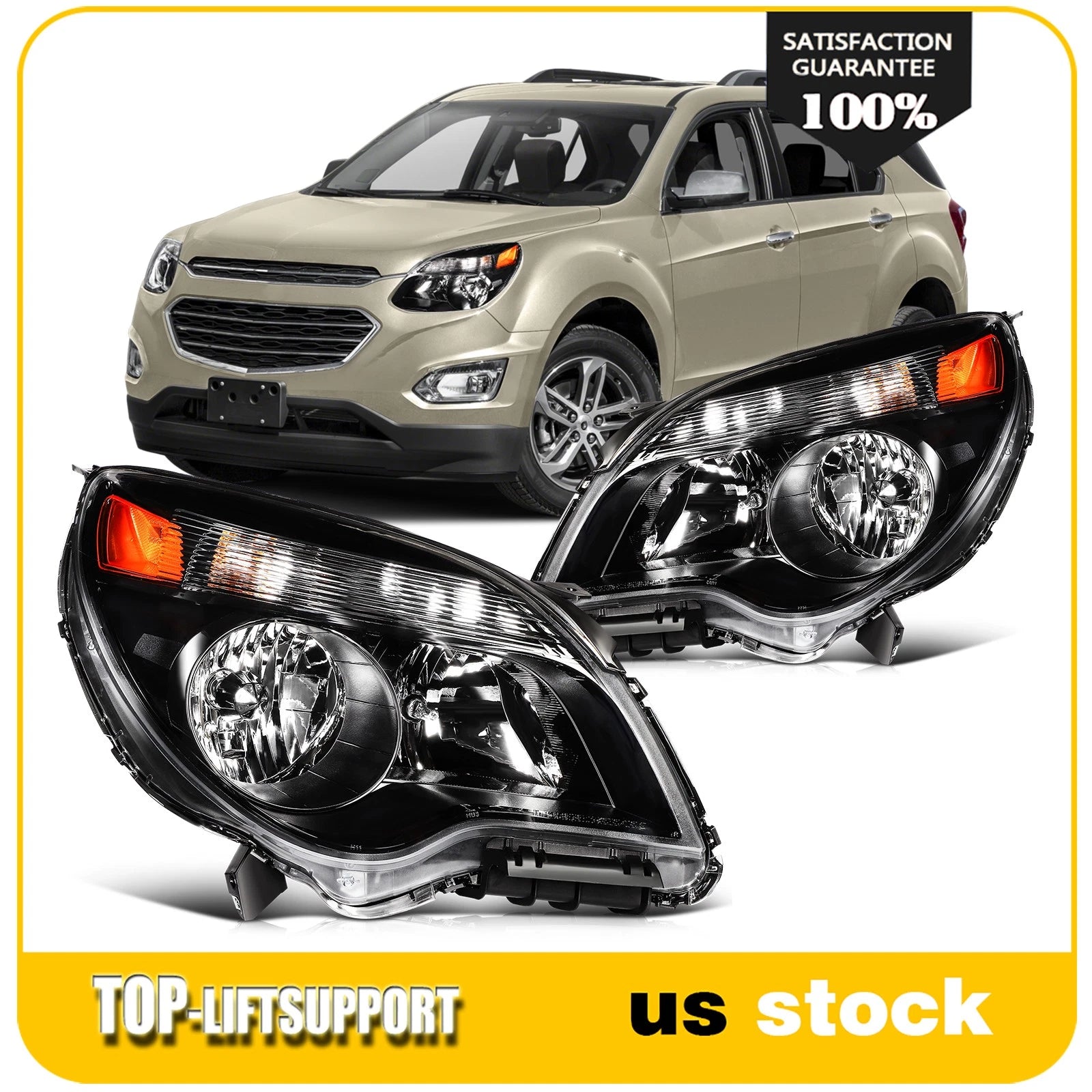 Set of 2 Headlight Assemblies for Chevrolet Equinox (2010–2015) Amber Reflector