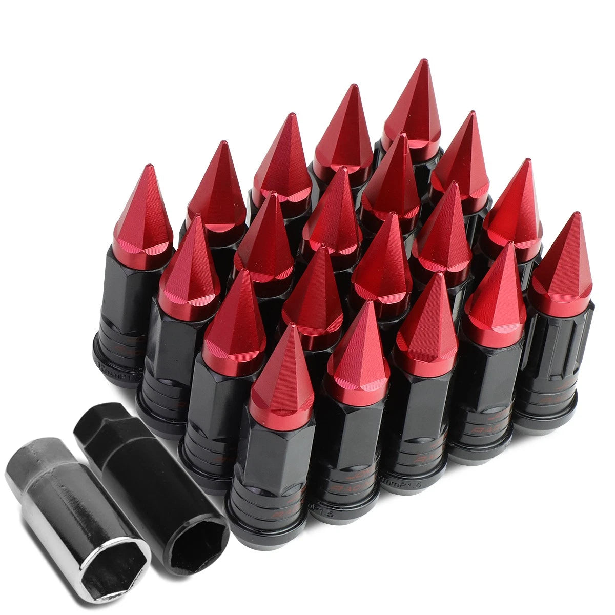 Spiked Cap Steel Red Rim Lug Nuts + Adapter M12x1.5 for
