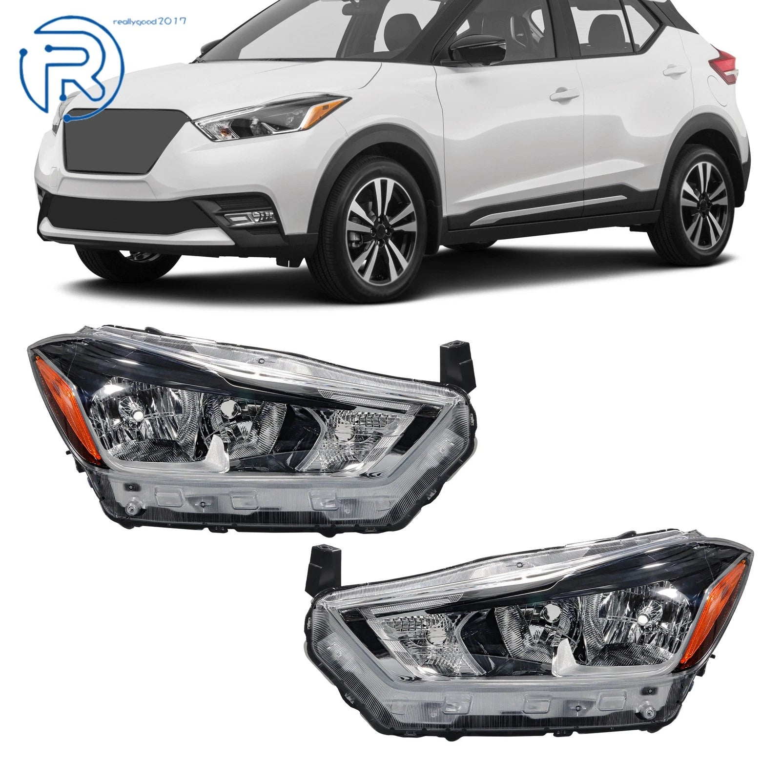 Set of 2 Chrome Halogen Headlights for Nissan Kicks (2018–2020)