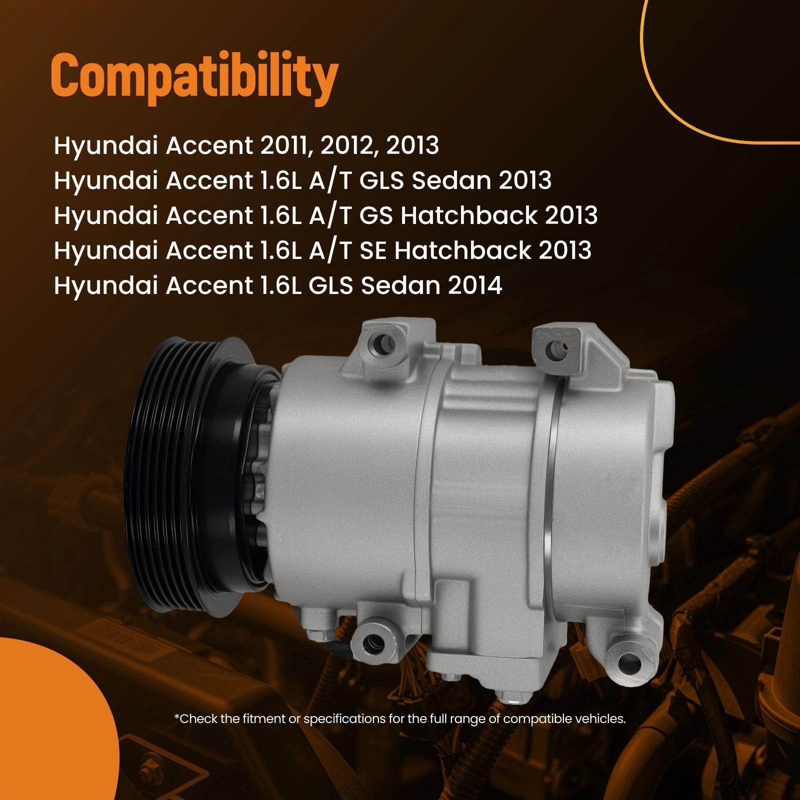 A/C Compressor w/ Clutch for Hyundai Accent Veloster 2011–2017 1.6L DV13