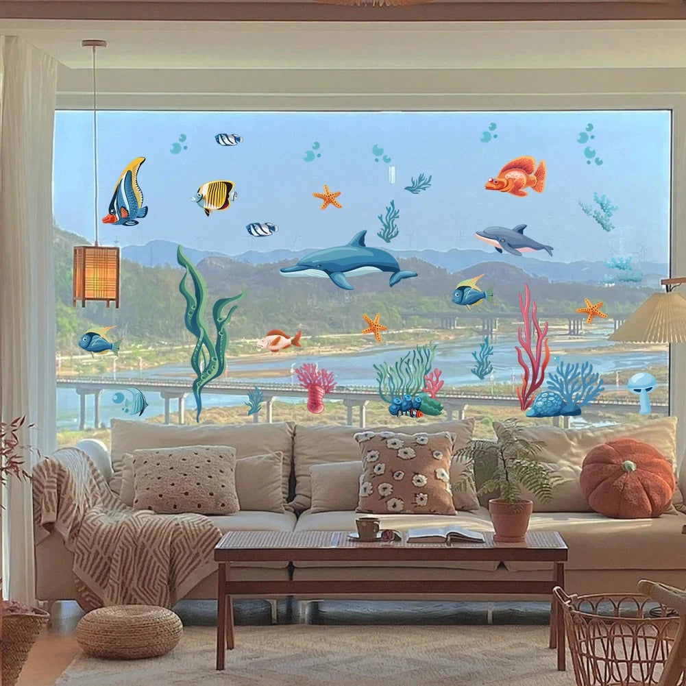 Static Cling Window Decal for Kitchen Bathroom Door (Cartoon Sea Animals)