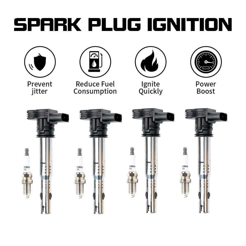 Set of 4 Ignition Coils + Spark Plugs for VW CC Tiguan Beetle GTI Passat Jetta (2005–2017)