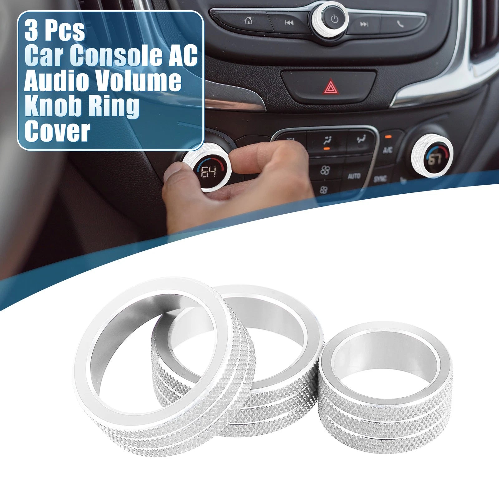 Set of 3 AC Audio Volume Knob Ring Covers for Chevy Malibu (2017–2022) Silver Tone