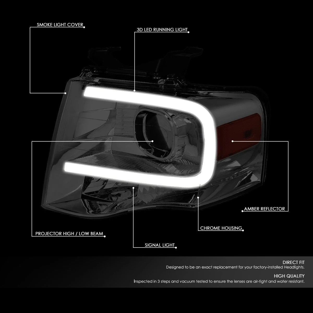 LED DRL Tube Projector Headlight for Ford Expedition (2007–2014) Smoked